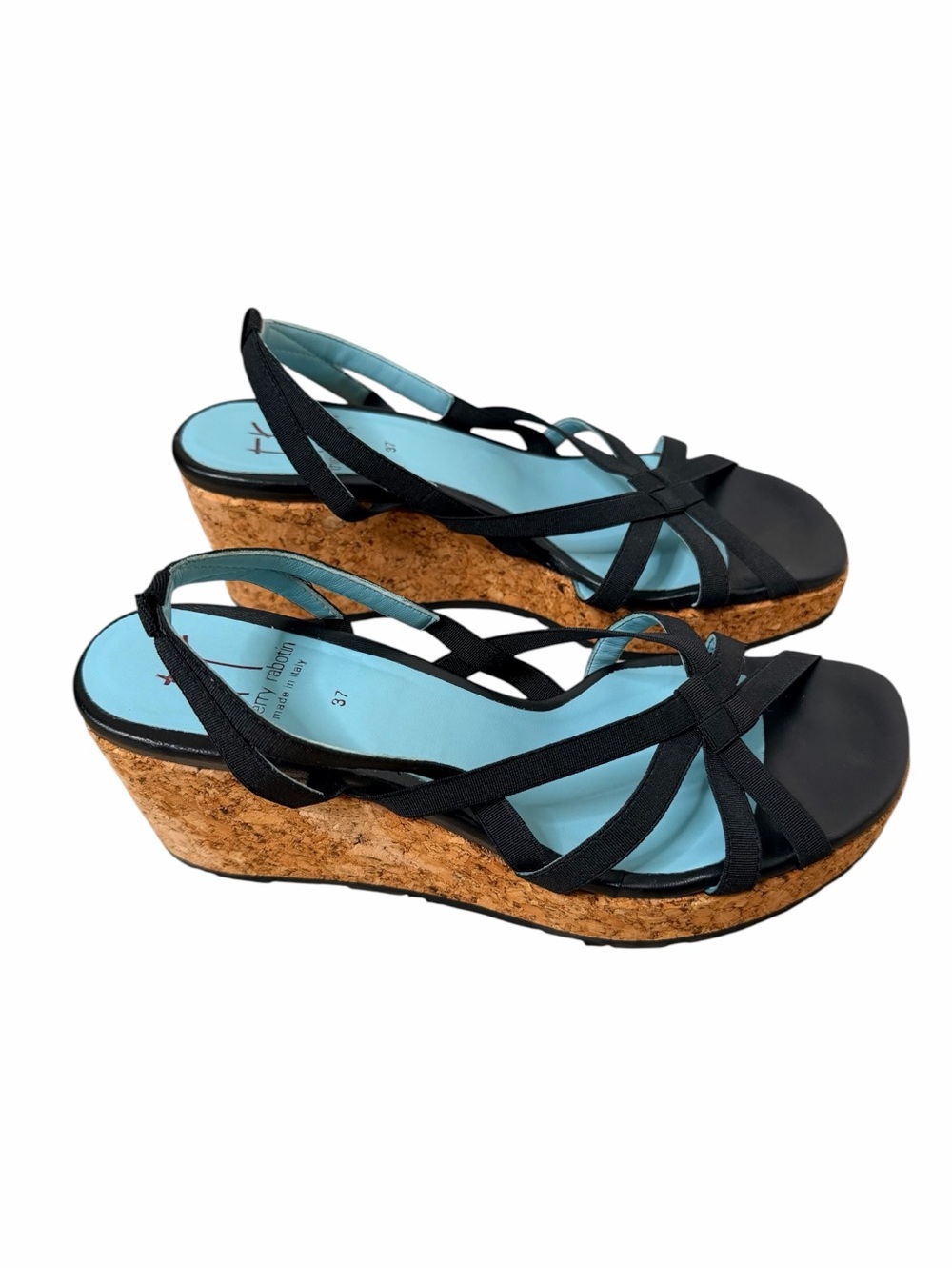 THIERRY ROBOTIN NEW Woman’s Pepe Black
Elastic Open Toe Slingback Cork Sandal.